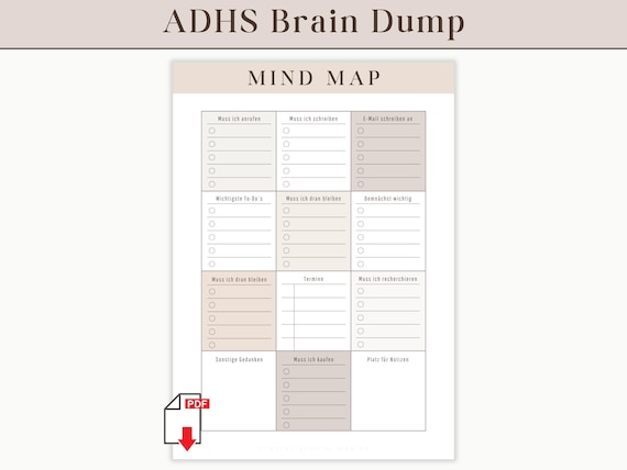 Brain Dump Mind Map PDF zum Ausdrucken | ADHS Planer Vorlage A4 | Gedanken ordnen, To-Dos sammeln, Fokus erhöhen | Printable Planner