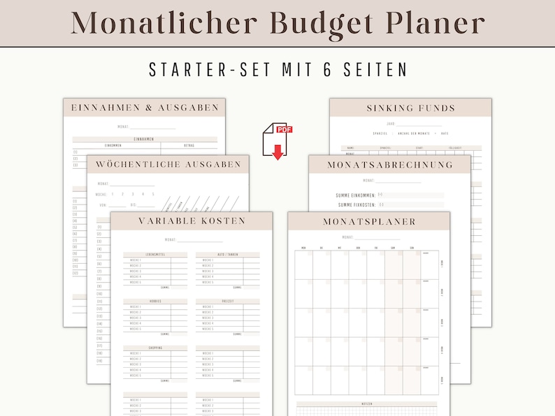 May include: A set of six printable budget planner pages. The pages include sections for income and expenses, weekly expenses, variable costs, sinking funds, monthly statements, and a monthly planner. The text "Monatlicher Budget Planer" is at the top.