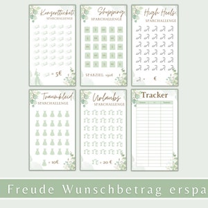 Pu&ograve; includere: Un set di sei carte di sfida di risparmio stampabili con un design floreale verde e bianco. Ogni carta presenta un obiettivo diverso, come biglietti per concerti, shopping, tacchi alti, un abito da sogno, vacanze e un tracker. Le carte hanno uno sfondo verde con testo bianco e un design floreale. Le carte sono progettate per aiutare le persone a risparmiare denaro per raggiungere i loro obiettivi.