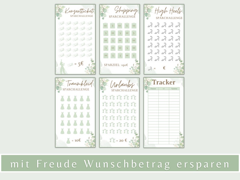 Pu&ograve; includere: Un set di sei carte di sfida di risparmio stampabili con un design floreale verde e bianco. Ogni carta presenta un obiettivo diverso, come biglietti per concerti, shopping, tacchi alti, un abito da sogno, vacanze e un tracker. Le carte hanno uno sfondo verde con testo bianco e un design floreale. Le carte sono progettate per aiutare le persone a risparmiare denaro per raggiungere i loro obiettivi.