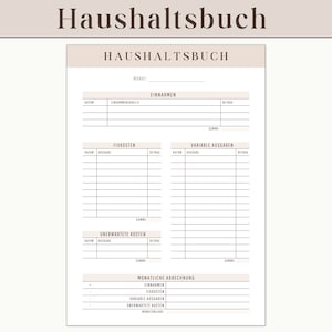 Könnte beinhalten: Ein druckbarer Haushaltsbuch-Tracker auf Deutsch, mit dem Titel "Haushaltsbuch". Der Tracker enthält Abschnitte für Einnahmen, Fixkosten, variable Ausgaben und unerwartete Kosten. Er enthält auch einen Abschnitt für eine monatliche Zusammenfassung.