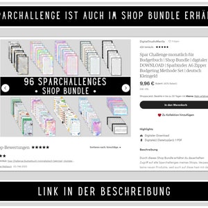 May include: A digital download of 96 printable savings challenges in a shop bundle. The challenges are organised in a grid with colourful backgrounds and text that says "96 Sparchallenges &bull; Shop Bundle &bull;". The price is 9.96 euros.