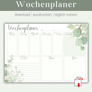 Könnte beinhalten: Ein druckbarer Wochenplaner mit einem grünen Aquarell-Eukalyptus-Blattdesign. Der Planer hat Abschnitte für Montag bis Sonntag, To Dos, Notizen und Ideen. Der Text "Wochenplaner" befindet sich oben auf der Seite, was im Englischen "Weekly Planner" bedeutet.