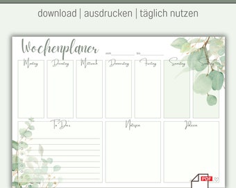Wochenplaner mit To Do Liste als digitaler Download im Format A3 und A4 | Wochenplan nutzbar als Terminplan Putzplan Essensplan für Familie