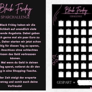 May include: Black and white printable Black Friday savings challenge. The challenge is to save money in an envelope and track the savings in a grid of 25 shopping bags. The text reads "Black Friday Sparchallenge" and "Black Friday Challenge". The text "GESPART =" is at the bottom of the grid.