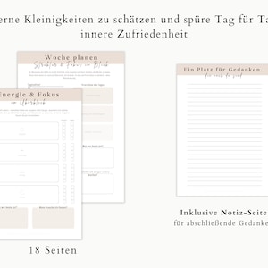 May include: A set of three beige and white paper planners with German text. The planners include sections for weekly planning, energy and focus, and a space for thoughts. The image also includes the text "18 pages."