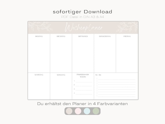 Wochenplaner undatiert zum Ausdrucken als digitaler DOWNLOAD - PDF | Wochenübersicht mit To Do Liste als Vorlage für Familie | Wochenplan