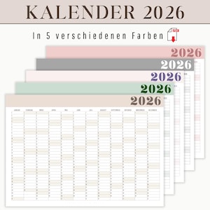 Könnte beinhalten: Mehrere Jahreskalender 2026 in Pastellfarben, darunter Rosa, Grau, Grün und Beige. Jeder Kalender zeigt ein Rasterlayout für die monatliche Planung. Der Titel "KALENDER 2026" ist oben zu sehen.