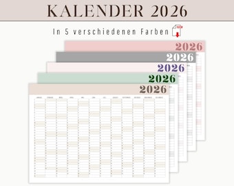 2026 Jahreskalender zum Ausdrucken als Wandkalender | Jahresübersicht 2026 digital DOWNLOAD im Querformat als A4 A3 A2 A1 A0 | Kalender 2026