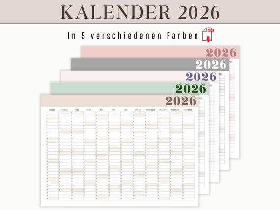 2026 Jahreskalender zum Ausdrucken als Wandkalender | Jahresübersicht 2026 digital DOWNLOAD im Querformat als A4 A3 A2 A1 A0 | Kalender 2026