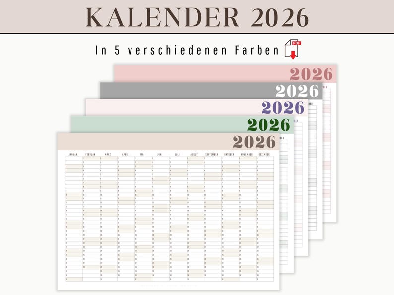 May include: A stack of 2026 yearly calendars in various pastel colors, including pink, gray, green, and beige. The calendars are displayed with a grid layout for each month. The text "KALENDER 2026" is at the top.