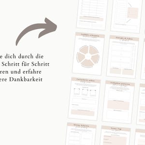 May include: A collection of beige and white planner pages with various layouts for journaling and goal setting. The pages include prompts and sections for self-reflection and planning. Text in German is visible.