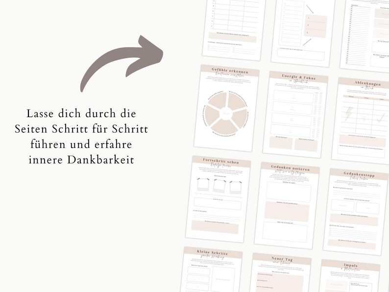 May include: A collection of beige and white planner pages with various layouts for journaling and goal setting. The pages include prompts and sections for self-reflection and planning. Text in German is visible.