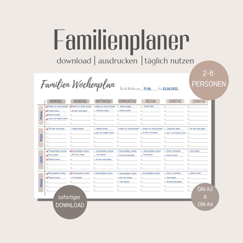 May include: A printable family weekly planner with a beige background and blue text. The planner is designed for 2-6 people and includes columns for each day of the week, with space for writing tasks and notes. The planner is labeled "Familien Wochenplan" and includes the dates "17.09" and "23.09.2022".