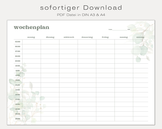 Wochenplaner DIN A3 und A4 | digital DOWNLOAD | Home Office | To-Do ...