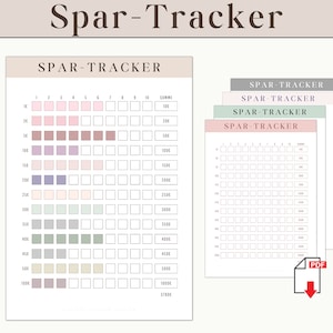 Può includere: Un foglio Spar-Tracker stampabile con una griglia di quadrati per tenere traccia dei risparmi. Il foglio è diviso in righe con incrementi di 10 centesimi, 20 centesimi, 50 centesimi, e così via, fino a 100 €. Il foglio è progettato per aiutare le persone a tenere traccia dei loro obiettivi di risparmio.