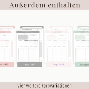 Puede incluir: Cuatro plantillas de planificador semanal imprimibles en diferentes colores: rojo fresa, gris noche, morado ferry y verde eucalipto. El texto "WOCHENPLAN" es visible en cada plantilla.