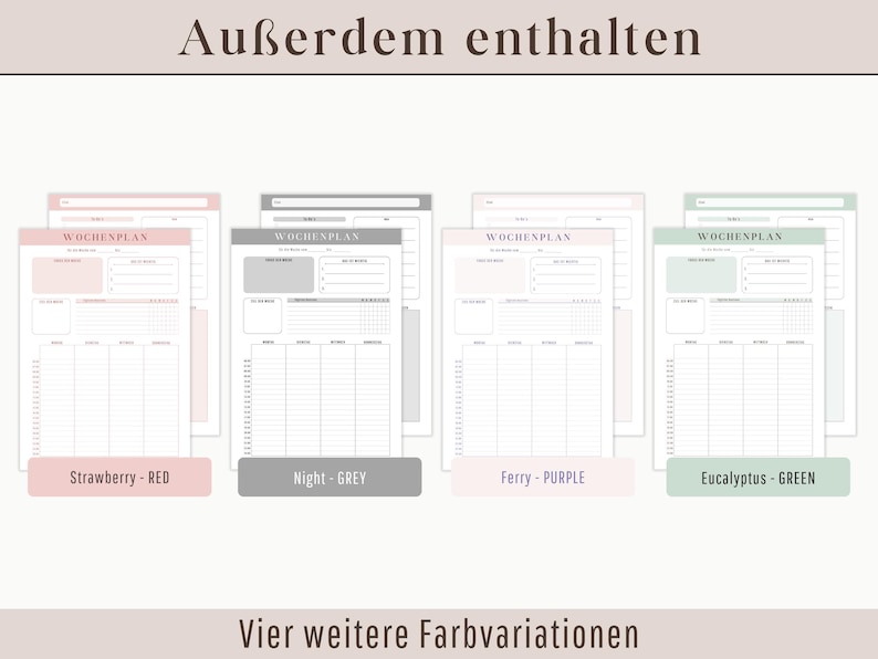Puede incluir: Cuatro plantillas de planificador semanal imprimibles en diferentes colores: rojo fresa, gris noche, morado ferry y verde eucalipto. El texto "WOCHENPLAN" es visible en cada plantilla.