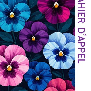 Könnte beinhalten: Notizbuch mit floralem Design mit leuchtenden Stiefmütterchen in Pink-, Blau- und Lilatönen vor dunklem Hintergrund. Der Text "CAHIER D'APPEL" ist vertikal auf der rechten Seite aufgedruckt, darunter die Jahreszahlen 2026 und 2027.