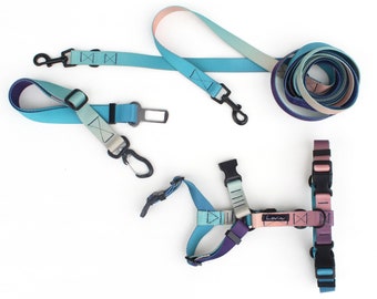 BOX "ADVENTURE" Harness H 3 Buckles, Summer NIGHT Dog Harness, Multiposition Leash and Seat Belt Set