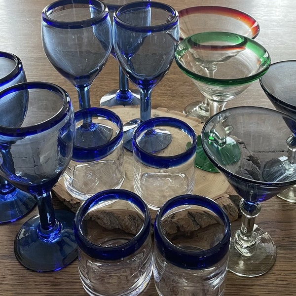 Hand Blown Mexican Glassware | Wine Glasses | Martini Glasses | Tumblers | Made in Mexico | Mix and Match | Cobalt Blue |