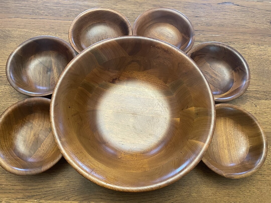 Vintage Walnut Salad Bowl Set Handcrafted Salad Bowl Set From Missouri Made in the USA 7 Piece