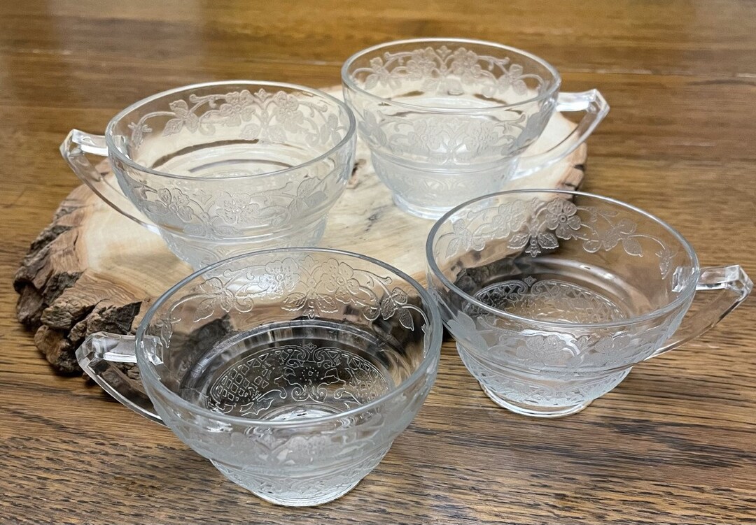 Depression Glass | Floral Pattern Tea Cups | Set of 4 Clear Glass Cups ...