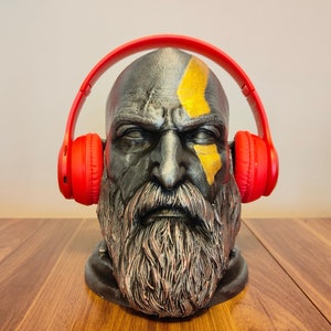 Kratos Hand Painted Headphone Stand, 3d Print Kratos Head Art Collectible Headphone Holder, Headphone Accessory, Headset Holder, Gamer Gift.