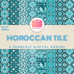 Carta digitale Marocchino Blue Tile, Aqua Ornamental Scrapbook Paper, carta mediterranea, fiori di piastrelle blu, festa marocchina