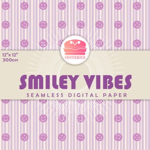 SMILEY VIBES, purple groovy retro happy face, seamless pattern, pink smiley face background, violet printable digital paper