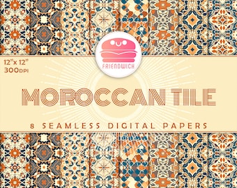 Papier numérique de tuile d'été marocaine, papier de scrapbook ornemental chaud, papier méditerranéen, fleurs de tuile orange et sarcelle, fête marocaine