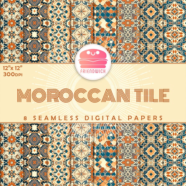Moroccan Summer Tile digital paper, warm Ornamental Scrapbook Paper, Mediterranean paper, orange and teal tile flowers, Moroccan party