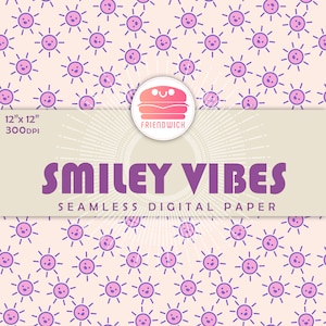 SMILEY VIBES, purple groovy retro happy face, seamless pattern, pink smiley face background, violet printable digital paper