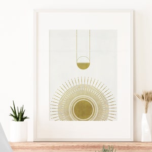 Sonnenaufgang, Boho Wanddekoration, Minimalistische Sonne und Erde Wandkunst, Weißer Raum Gold Sonne, Mid Century Modern, druckbares Poster