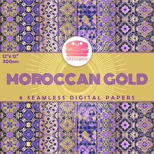 Carta digitale marocchina in oro e piastrelle viola, carta per album ornamentale lucida, carta mediterranea, fiori di piastrelle viola, festa marocchina