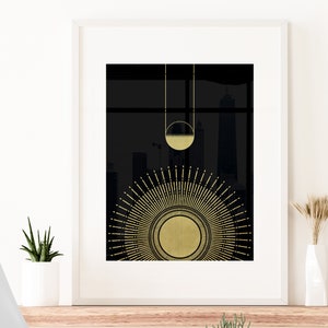 Sunrise, Boho Wall Decor, Minimalist Sun and Earth Wall Art, Black Space Gold Sun, Mid Century Modern, Printable Poster