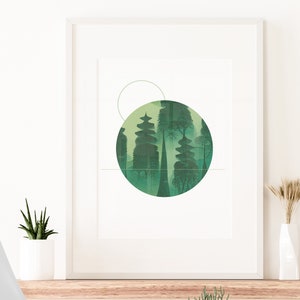 Into The Greenwood, Mid Century Wall Decor, Minimalist Green Forest Trees Wall Art, Circle, Abstract Modern, Printable Poster