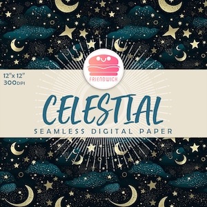 Celestial digital paper, blue gradient, star moon paper, blue green space, planets and clouds