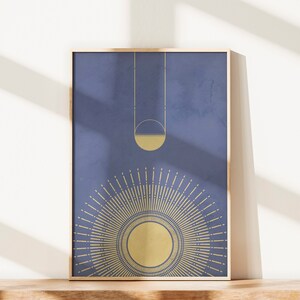 Sunrise, Boho Wall Decor, Minimalist Sun and Earth Wall Art, Blue Space Gold Sun, Mid Century Modern, Printable Poster