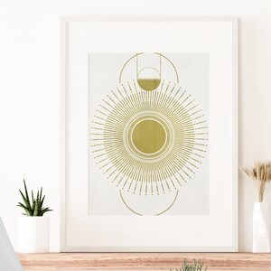 Sunrise, Boho Wall Decor, Minimalist Sun and Earth Wall Art, White Space Gold Sun, Mid Century Modern, Printable Poster
