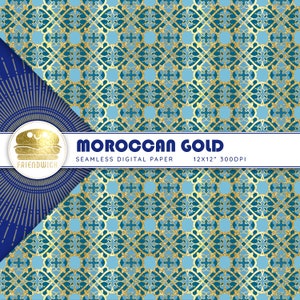 Carta digitale marocchina in oro e piastrelle blu, carta per album ornamentale lucida, carta mediterranea, fiori di piastrelle blu, festa marocchina