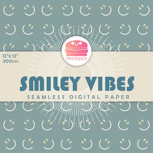 Könnte beinhalten: Nahtloses digitales Papier mit einem sich wiederholenden Muster aus Smiley-Gesichtern auf blaugrünem Hintergrund. Das Design enthält den Text "SMILEY VIBES" und "SEAMLESS DIGITAL PAPER". Das Papier misst 30,48 cm x 30,48 cm.