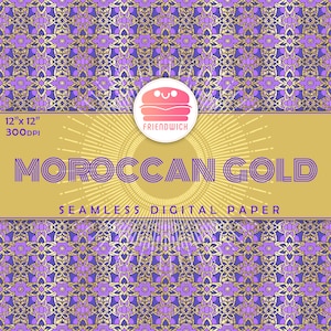 Carta digitale marocchina in oro e piastrelle viola, carta per album ornamentale lucida, carta mediterranea, fiori di piastrelle viola, festa marocchina