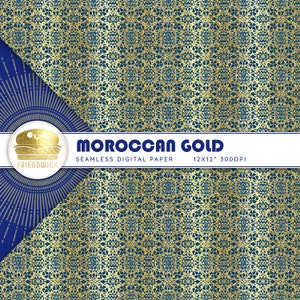 Carta digitale marocchina in oro e piastrelle blu, carta per album ornamentale lucida, carta mediterranea, fiori di piastrelle blu, festa marocchina