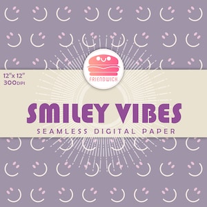 SMILEY VIBES, purple groovy retro happy face, seamless pattern, pink smiley face background, violet printable digital paper