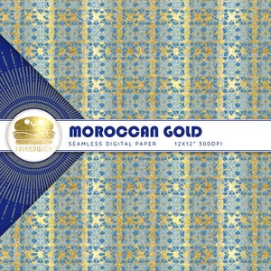 Carta digitale marocchina in oro e piastrelle blu, carta per album ornamentale lucida, carta mediterranea, fiori di piastrelle blu, festa marocchina