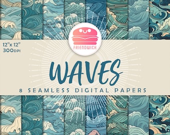 Waves digital paper, blue gradient, ocean wave paper, blue green sea, japanese waves