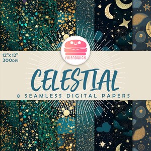 Celestial digital paper, blue gradient, star moon paper, blue green space, planets and clouds