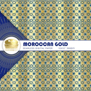 Carta digitale marocchina in oro e piastrelle blu, carta per album ornamentale lucida, carta mediterranea, fiori di piastrelle blu, festa marocchina