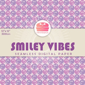 SMILEY VIBES, purple groovy retro happy face, seamless pattern, pink smiley face background, violet printable digital paper